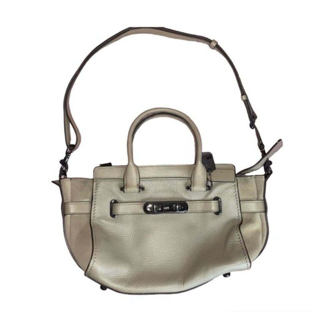 Coach Swagger 27 Dark Stone Pebble Leather Beige Satchel Crossbody Hand Bag